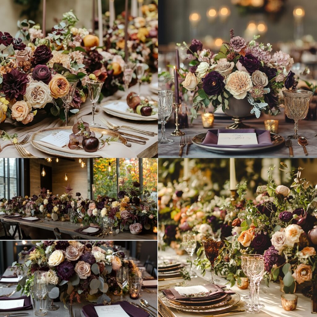 A sophisticated wedding setup featuring a plum and sage color palette, incorporating seasonal flowers and elegant decor for a modern Thanksgiving celebration.