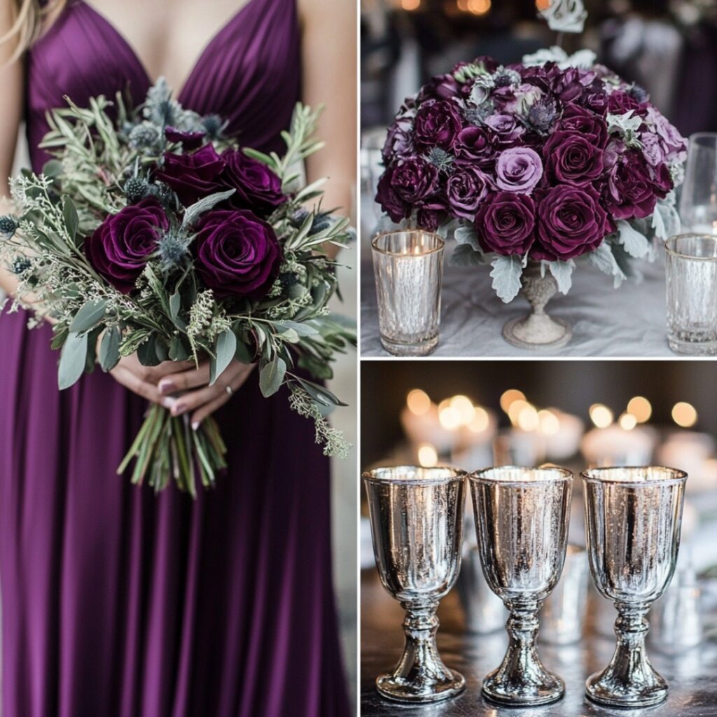 Moody plum and silver wedding color palette with regal plum bridesmaid dresses, silver table accents, and elegant candle holders for a wintry December celebration.