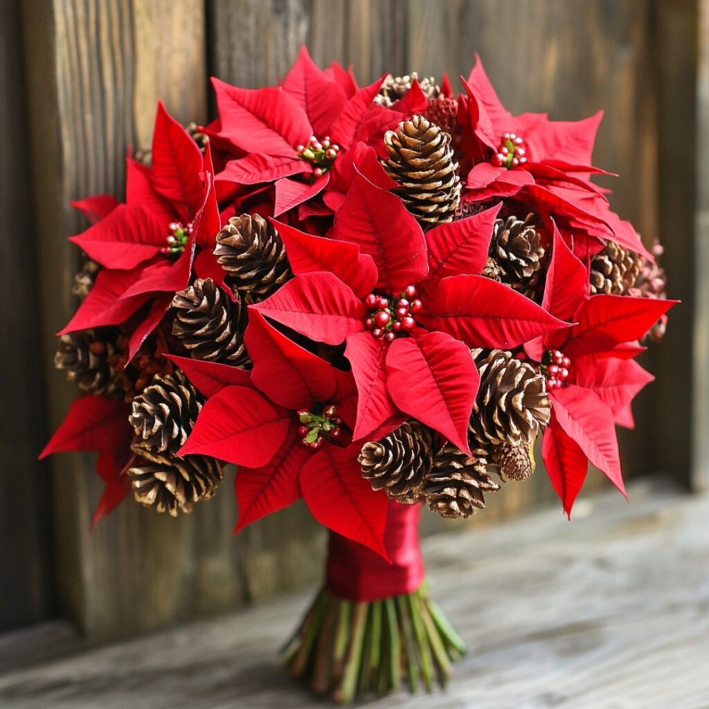 A rustic December wedding bouquet featuring red poinsettias and textured pinecones, perfect for a festive, holiday-inspired winter theme.
