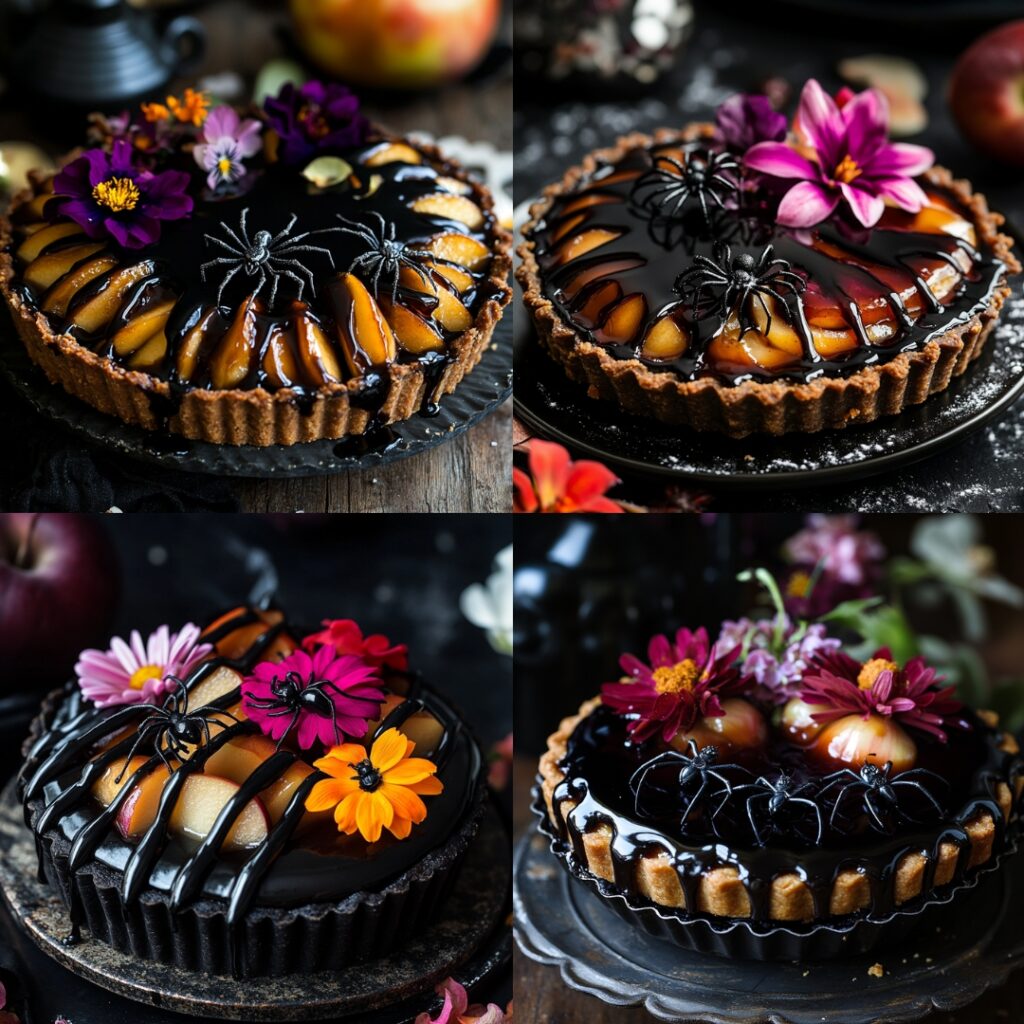 A dark poison apple tart with a buttery crust, spiced apple filling, drizzled with caramel and topped with a glossy black glaze, garnished with edible flowers and candy spiders for a spooky effect.