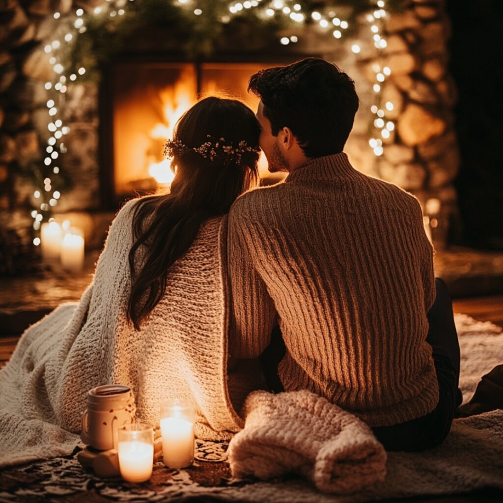 A couple snuggled up by a glowing fireplace, with a soft blanket and hot cocoa, as one partner gets down on one knee to propose, creating an intimate and cozy moment.