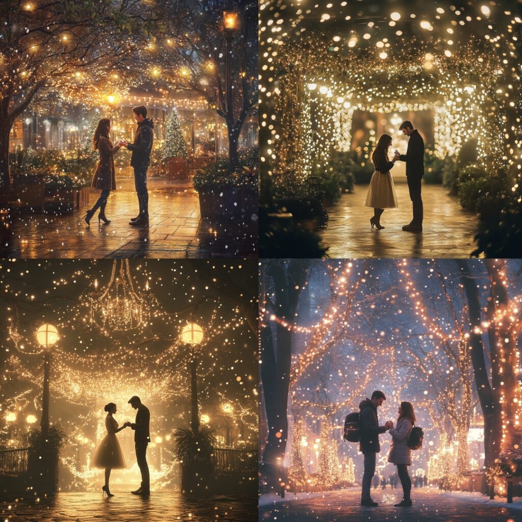 A romantic couple standing beneath twinkling holiday lights, with one partner down on one knee holding an engagement ring, surrounded by a festive and magical atmosphere.