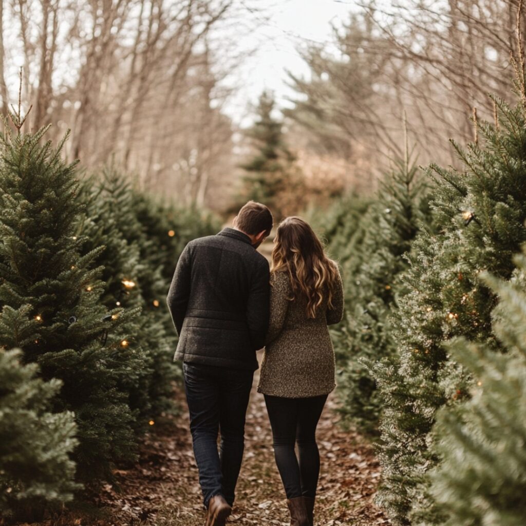 A couple walking through rows of Christmas trees at a festive tree farm, with one partner down on one knee proposing amidst the rustic, evergreen setting.