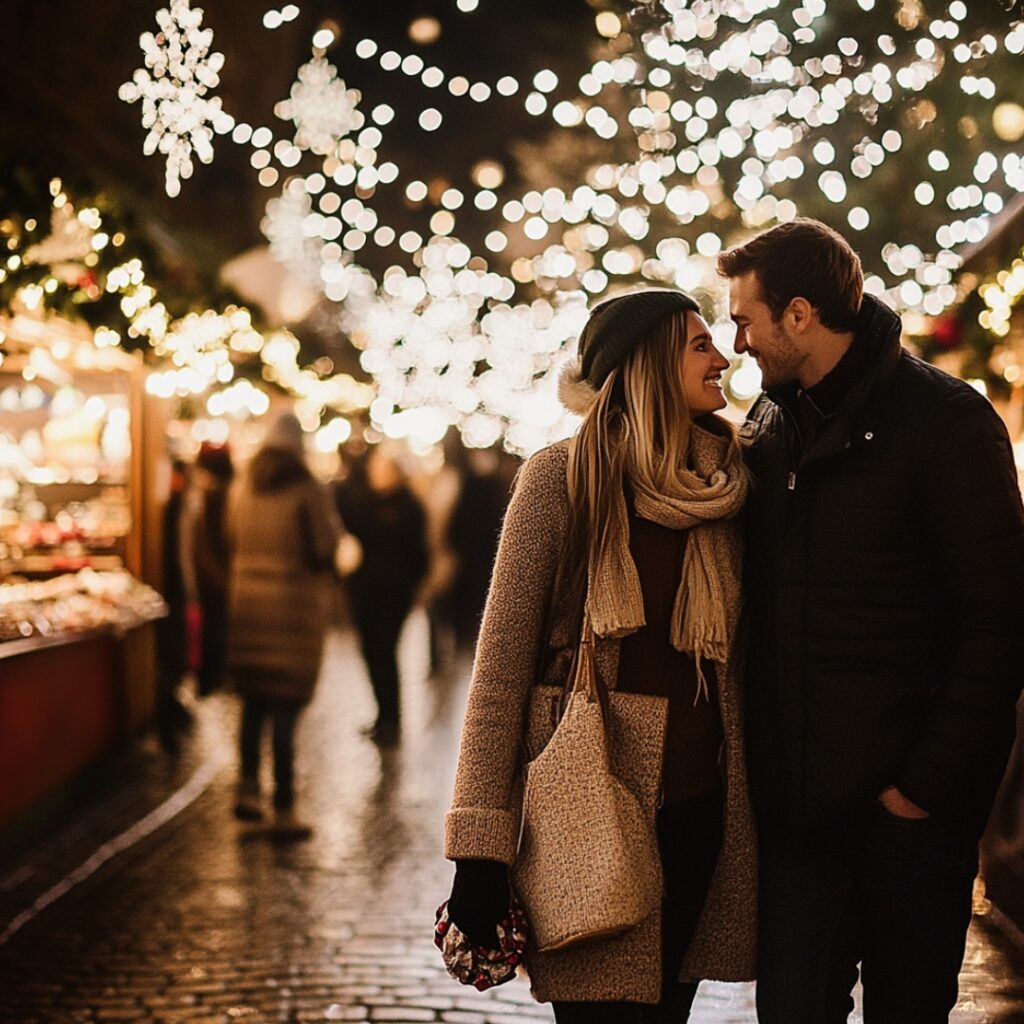 A couple walking through a festive holiday market filled with twinkling lights and seasonal treats, with one partner proposing near a beautifully decorated Christmas tree.