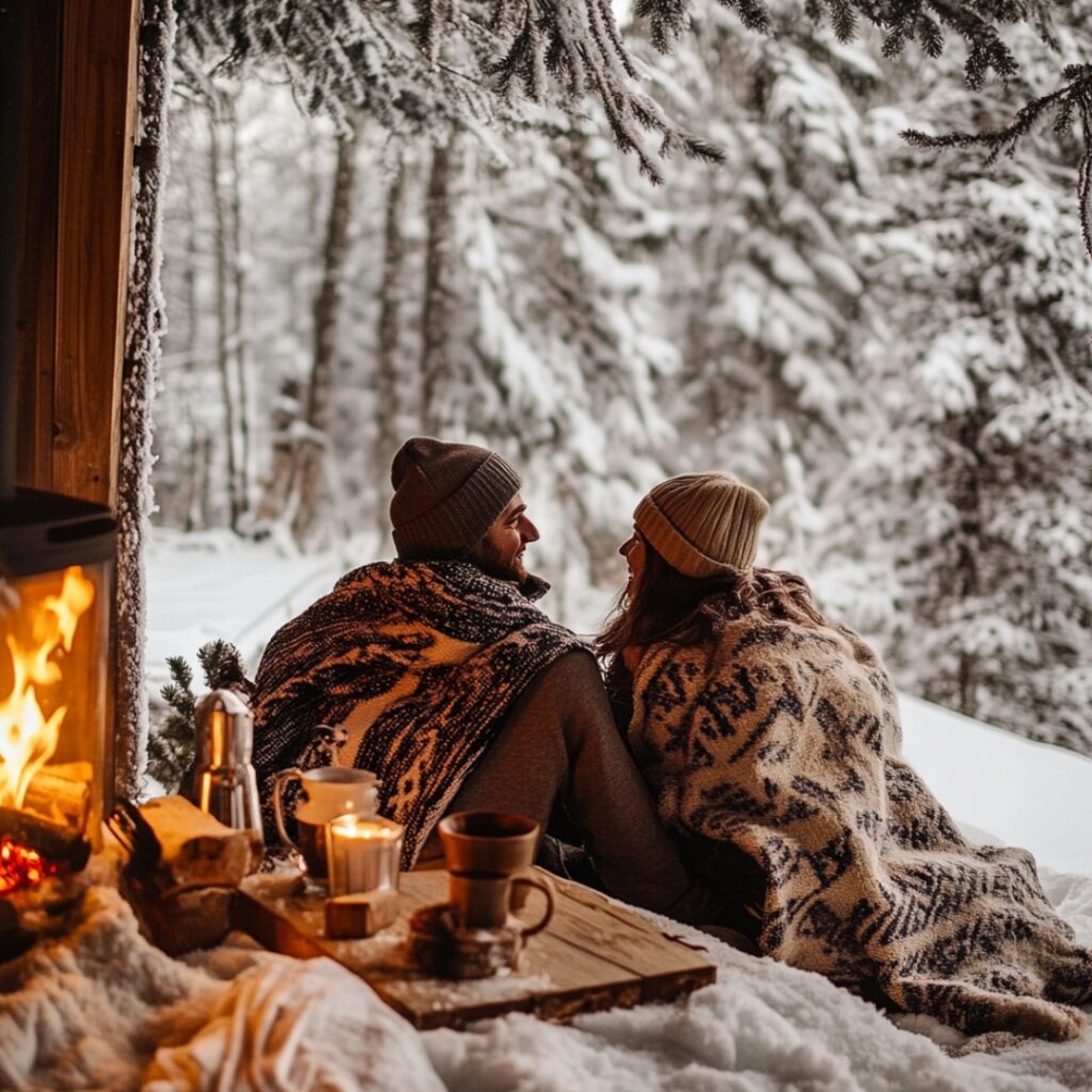 A couple bundled up in cozy blankets by the fireplace at a secluded snowy cabin, with one partner proposing, surrounded by peaceful winter surroundings.