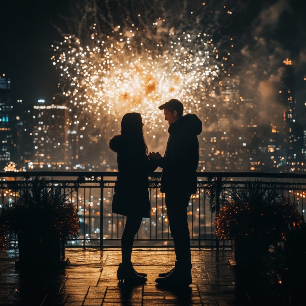 A couple celebrating New Year’s Eve with fireworks in the background, as one partner drops to one knee right at midnight, making the moment unforgettable.