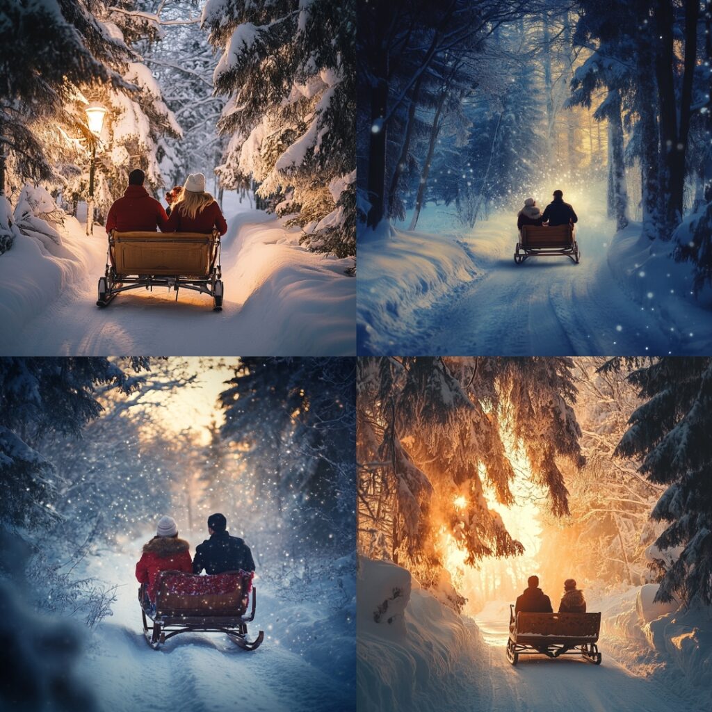 A couple enjoying a romantic sleigh ride through a snowy forest, with one partner stopping the sleigh to propose, creating a magical winter fairytale scene.