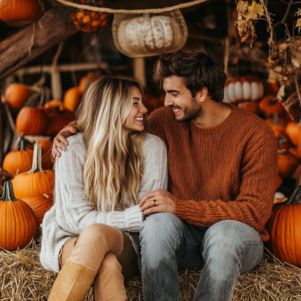 Happy couple at a pumpkin patch, surrounded by vibrant pumpkins and autumn colors, sitting on hay bales in cozy sweaters, sharing a joyful moment.