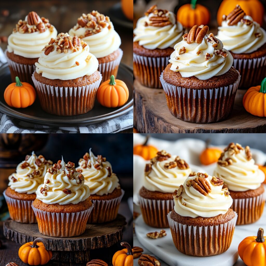 Moist pumpkin spice cupcakes infused with cinnamon, nutmeg, and ginger, topped with cream cheese frosting and crushed pecans, decorated with mini pumpkins for a festive touch.