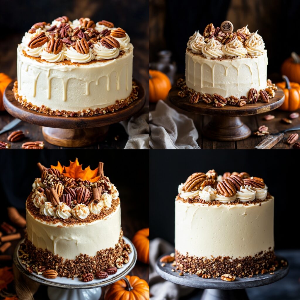 A delightful Pumpkin Spice Layer Cake featuring fluffy pumpkin spice layers, cream cheese frosting, cinnamon sprinkles, and candied pecans for a seasonal touch.