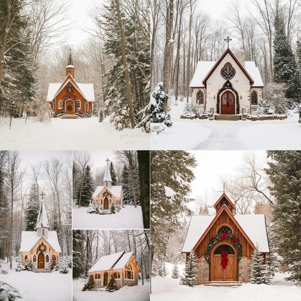 A cozy chapel nestled in a snow-covered landscape, offering a magical and intimate setting for a traditional Christmas wedding with festive holiday decor.
