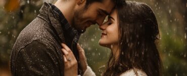 Engaged couple embracing the beauty of a rainy day, celebrating their love with creativity and personal touches, symbolizing their journey together.