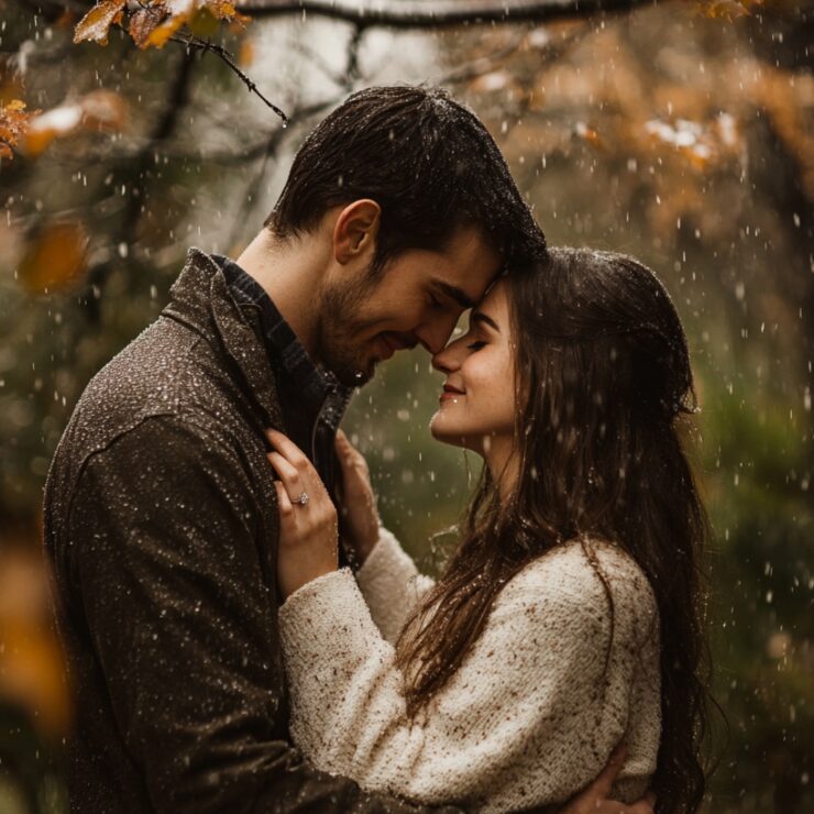 Engaged couple embracing the beauty of a rainy day, celebrating their love with creativity and personal touches, symbolizing their journey together.