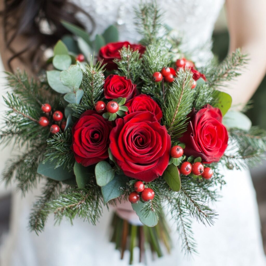 A festive December wedding bouquet featuring classic red roses, seasonal berries, and cedar sprigs for a rich, romantic holiday-inspired look.