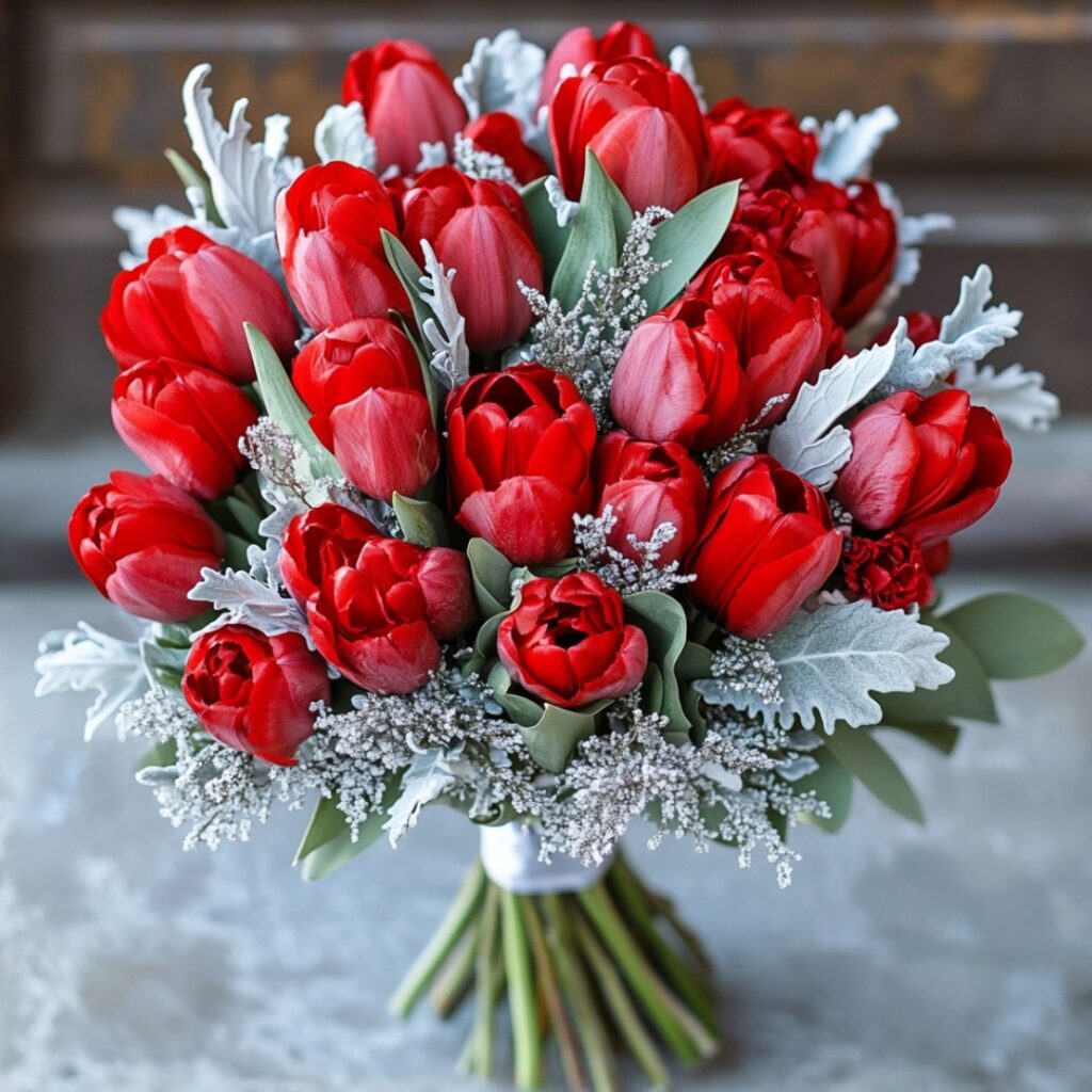 A dreamy winter wedding bouquet combining vibrant red tulips and silver-hued dusty miller for a romantic, soft look.