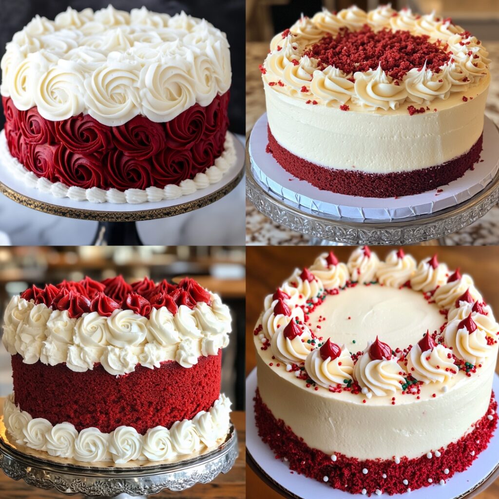 Stunning red velvet cake with rich cream cheese frosting, featuring a beautiful contrast between the vibrant red cake and white frosting.