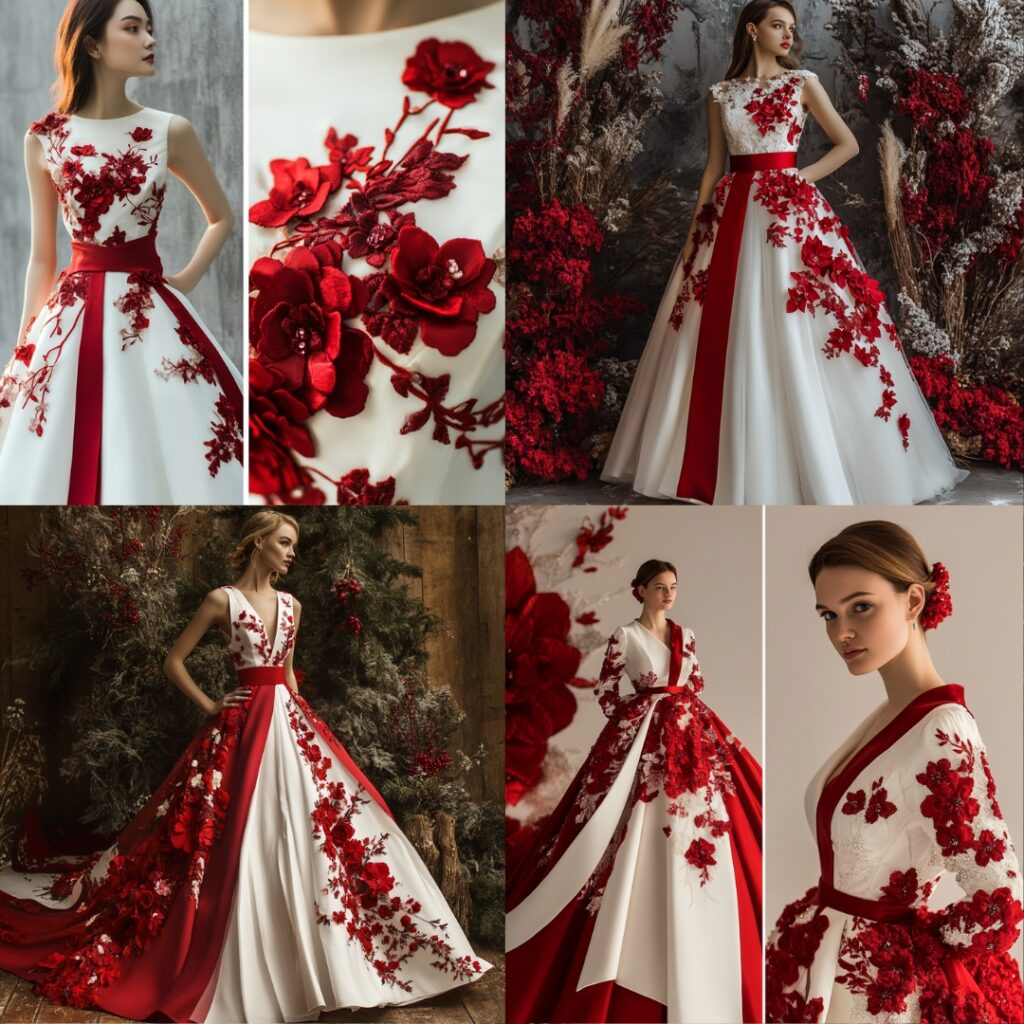 A bold red and white wedding dress featuring red floral appliqués and a satin sash, embracing the festive Christmas spirit with a modern bridal twist.