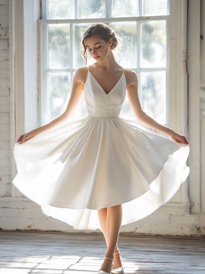 Charming retro 1950s-inspired tea-length wedding dress with a full skirt, showcasing the bride’s shoes and featuring a fitted bodice for a playful, vintage look.