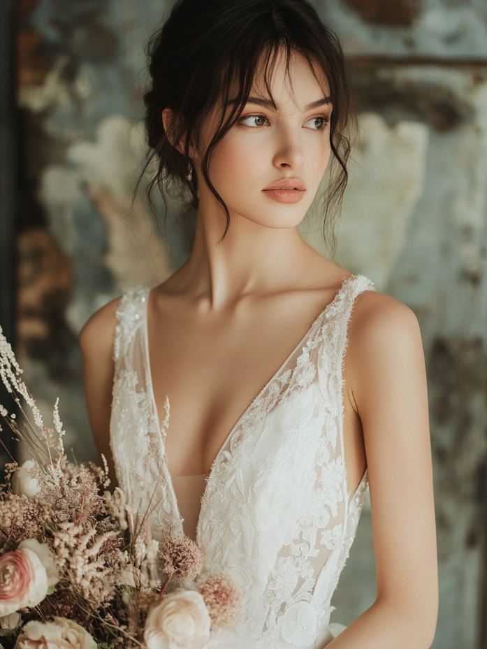 Vintage-inspired wedding dress with modern design elements, such as sleek lines and bold patterns, offering a perfect blend of classic charm and contemporary style.