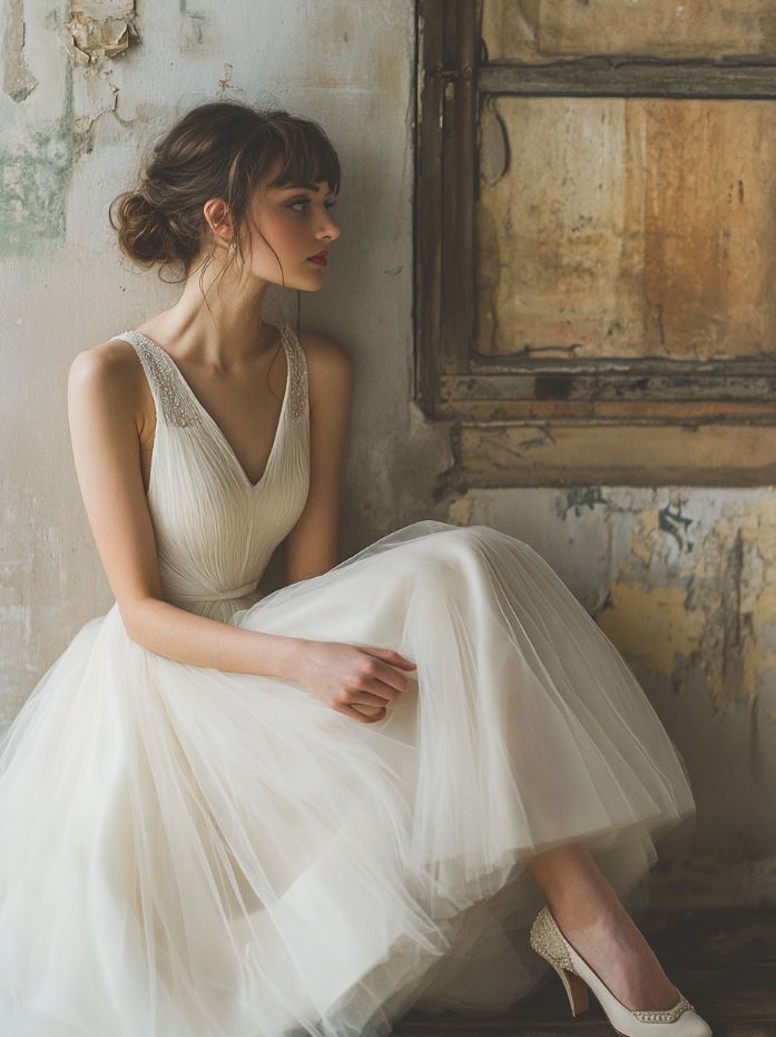 Playful tea-length wedding dress with a fitted bodice and full tulle skirt, showcasing the bride's shoes for a charming and vintage-inspired bridal look.