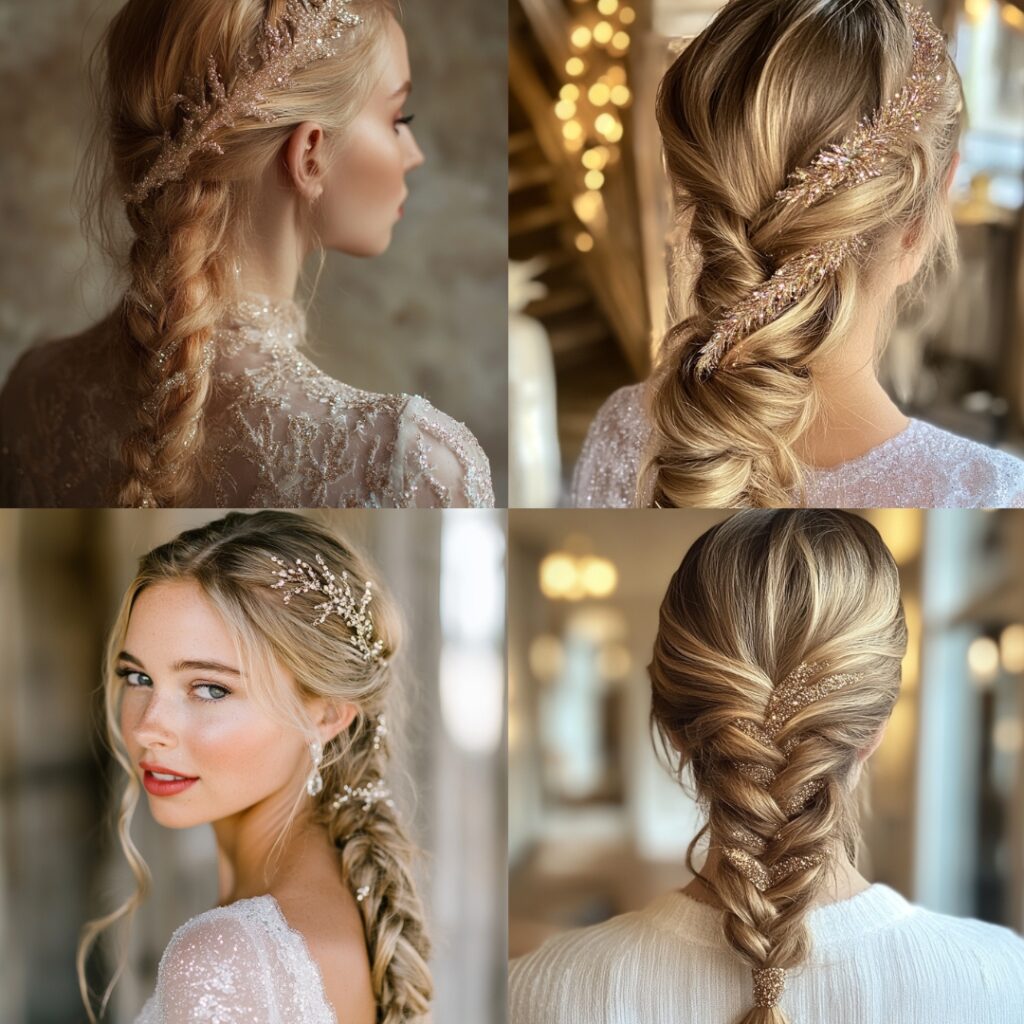 Bride with a romantic fishtail braid woven with glitter accents, creating a whimsical, textured style for a New Year’s celebration.