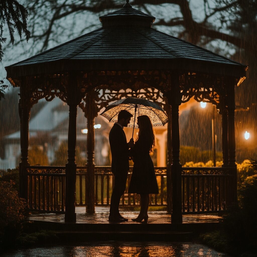 Couple getting engaged under a cozy gazebo with a decorative umbrella on a rainy day, creating a magical and intimate atmosphere.