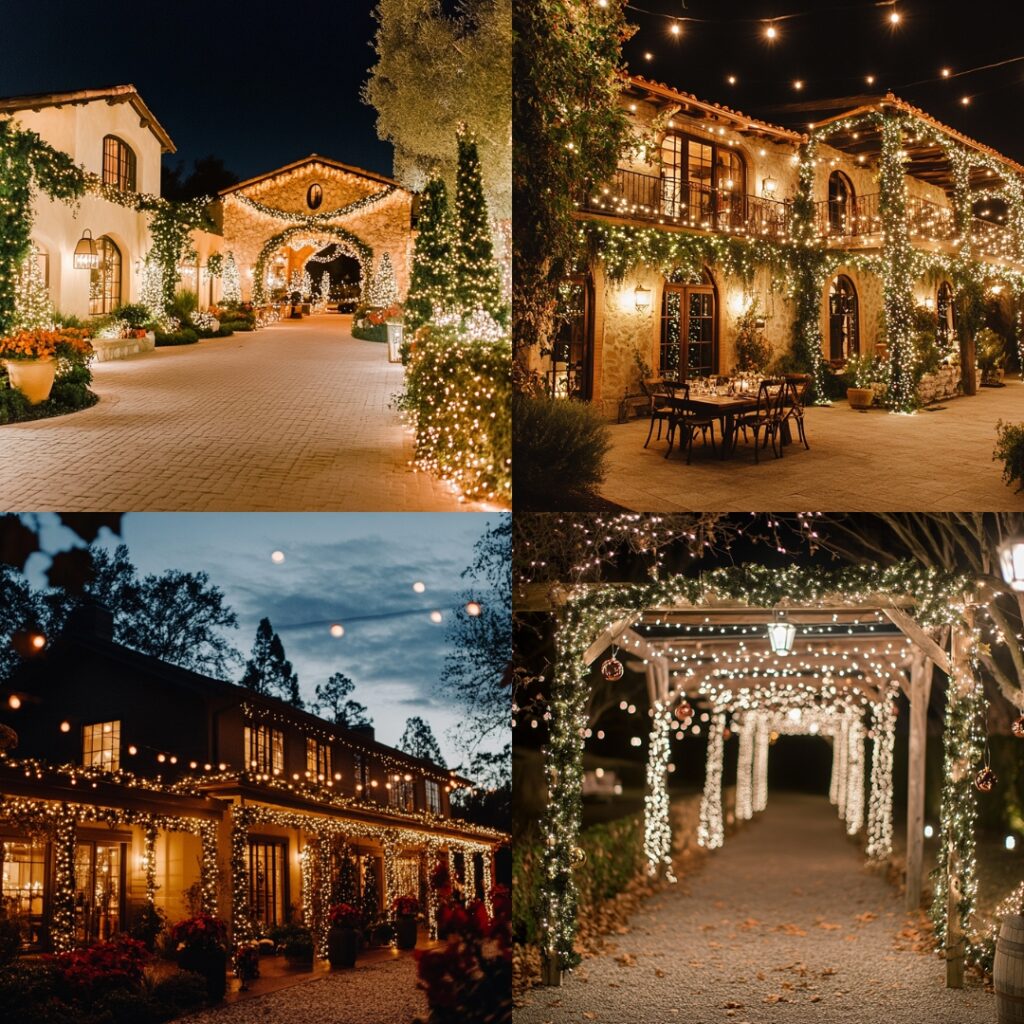 A vineyard estate transformed into a romantic Christmas wedding venue, adorned with garlands and twinkling lights, ideal for a cozy holiday celebration.