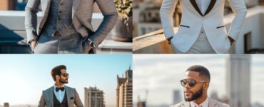 Stylishly dressed man in various wedding outfits on a rooftop, highlighting the importance of choosing the right attire for a rooftop wedding celebration.