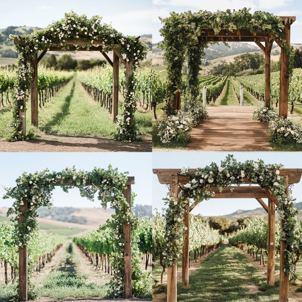 A rustic arbor made of reclaimed wood, adorned with greenery and delicate blooms, set against rolling vineyards, creating a romantic wedding ceremony backdrop.