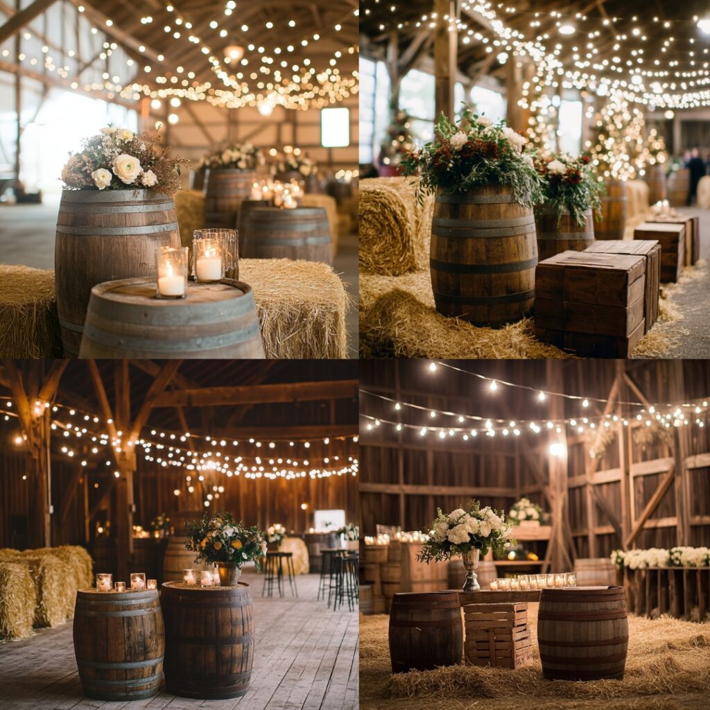 Charming wedding decor incorporating rustic barn elements like wooden barrels, hay bales, and vintage crates, complemented by string lights for a cozy feel.