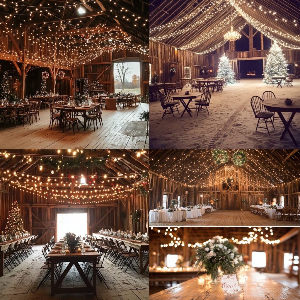 A rustic barn with twinkling string lights and festive winter décor, perfect for a cozy December wedding celebration.
