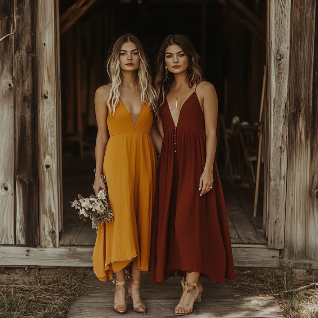 A rustic outdoor wedding scene featuring bridesmaids in A-line dresses in burnt orange, mustard yellow, and deep burgundy, styled with delicate gold jewelry and ankle boots.