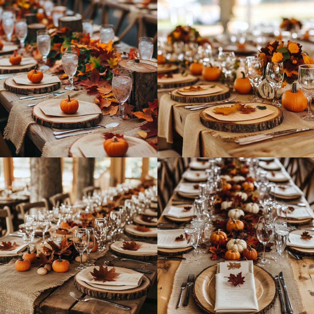 A beautifully arranged Thanksgiving wedding table featuring real fall leaves scattered across wooden chargers and burlap runners, enhanced with small pumpkins for a cozy autumn vibe.