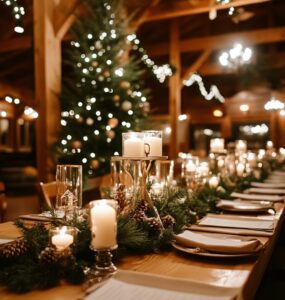 A cozy and magical rustic Christmas wedding setup featuring candlelight, evergreen garlands, and wooden decor for a festive winter wonderland celebration.