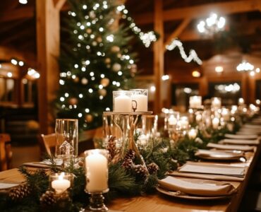 A cozy and magical rustic Christmas wedding setup featuring candlelight, evergreen garlands, and wooden decor for a festive winter wonderland celebration.