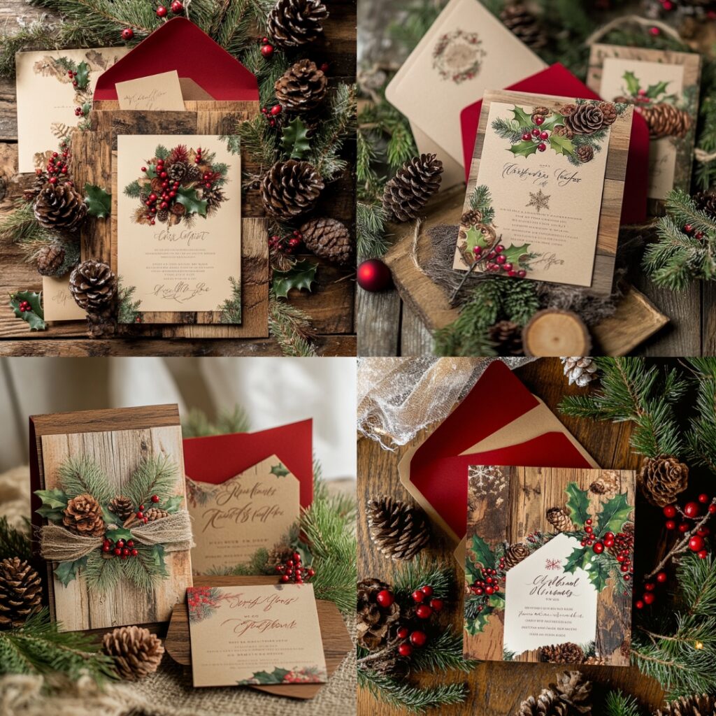 Rustic Christmas wedding invitations featuring natural wood textures, pinecones, and holly accents with warm red, green, and earthy brown tones.