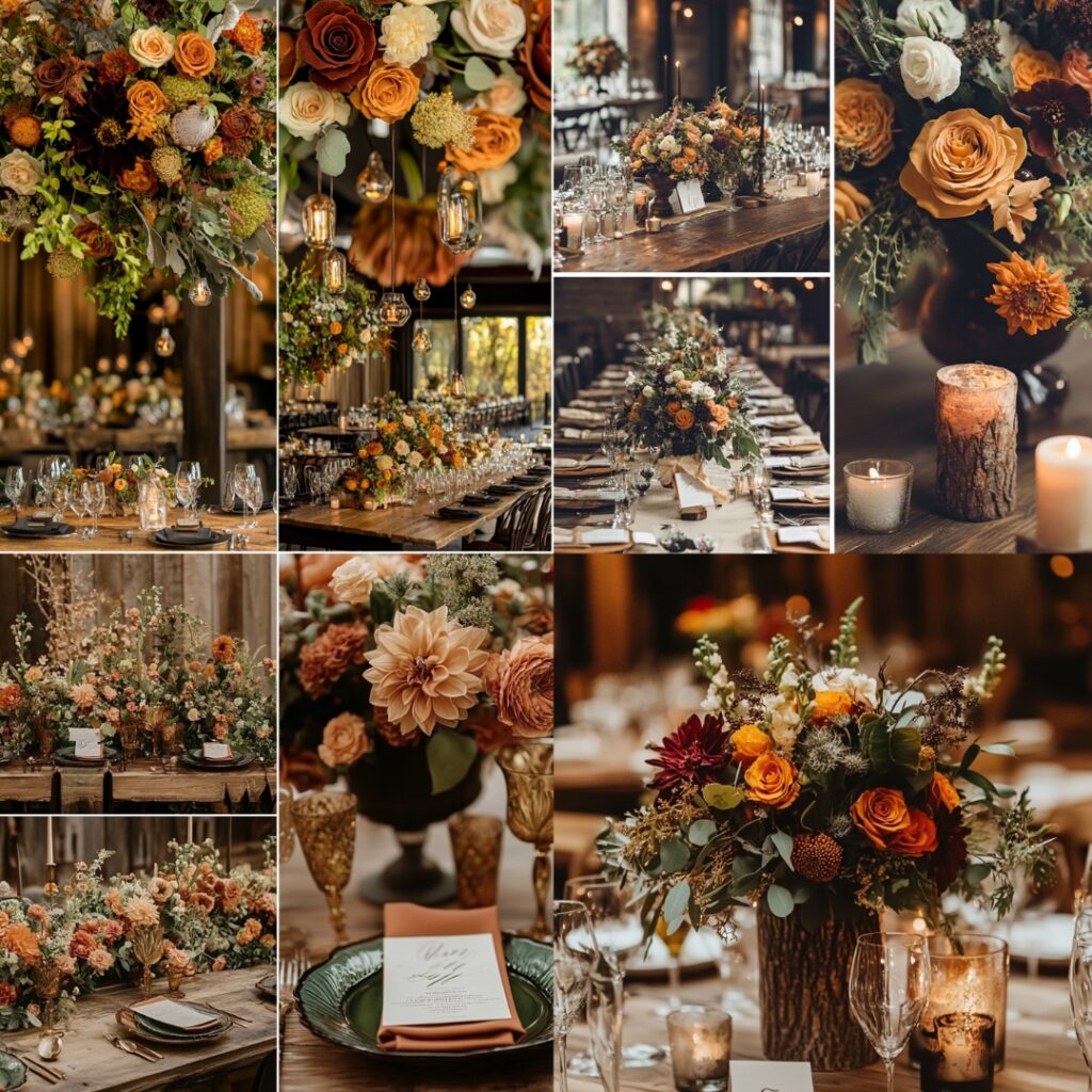A rustic wedding decor featuring a palette of rich browns, warm oranges, and deep greens, accented with wooden elements and seasonal flowers.