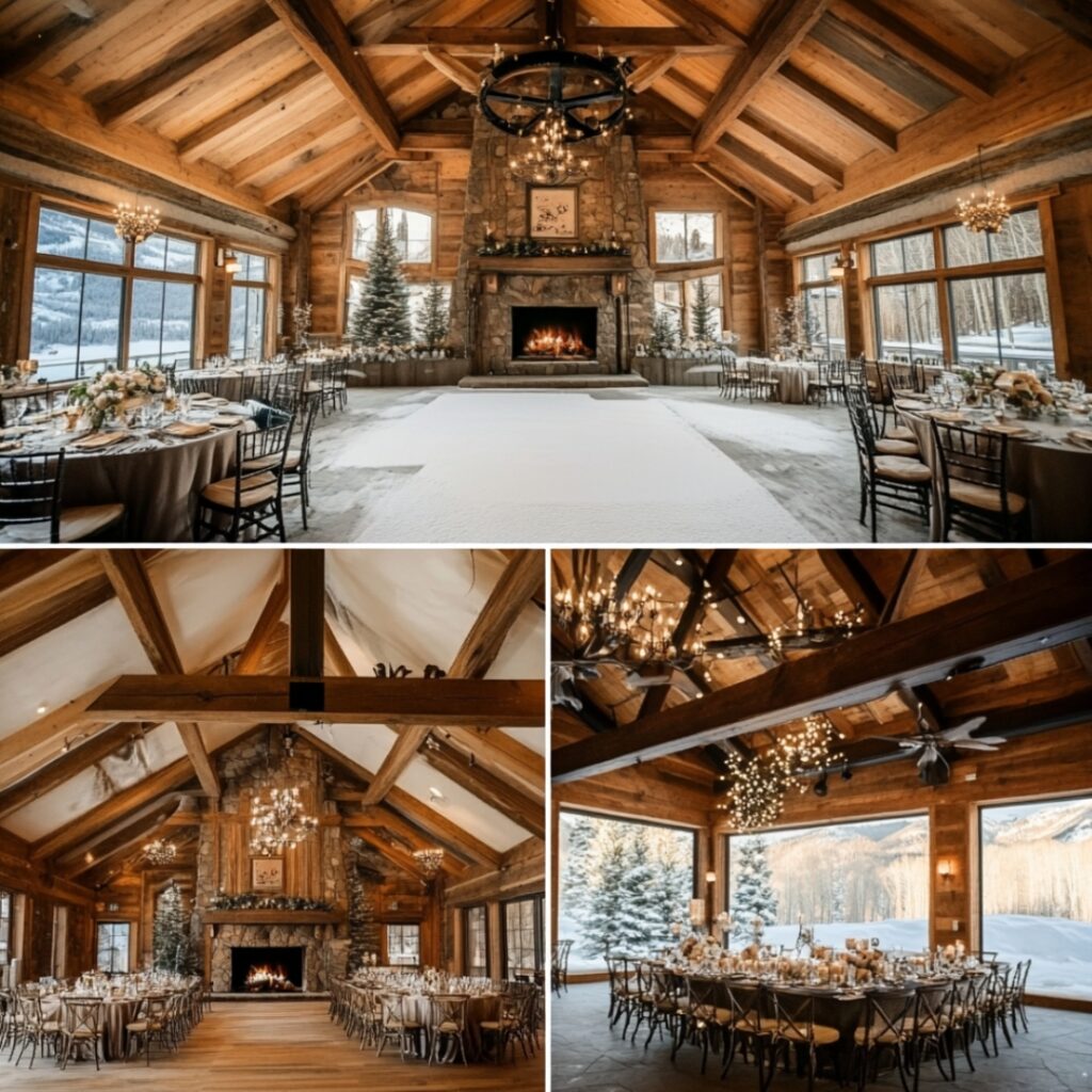 Rustic mountain lodge wedding venue with warm wood interiors, roaring fireplaces, and snowy outdoor scenery, ideal for a cozy New Year’s celebration.