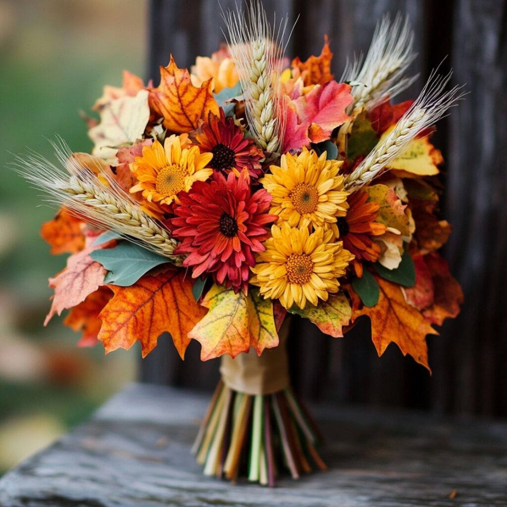 A rustic maple leaf bouquet filled with colorful maple leaves, chrysanthemums, and wheat, capturing the warm hues of fall for a unique Thanksgiving wedding.