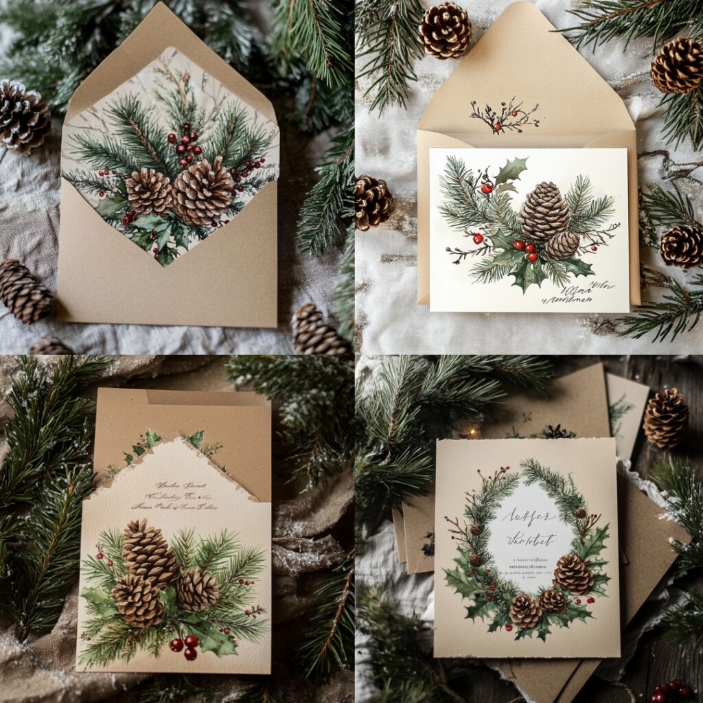 A rustic winter greenery wedding invitation with hand-painted pinecones, fir branches, and holly berries, printed on kraft paper, evoking a cozy, festive December wedding atmosphere.