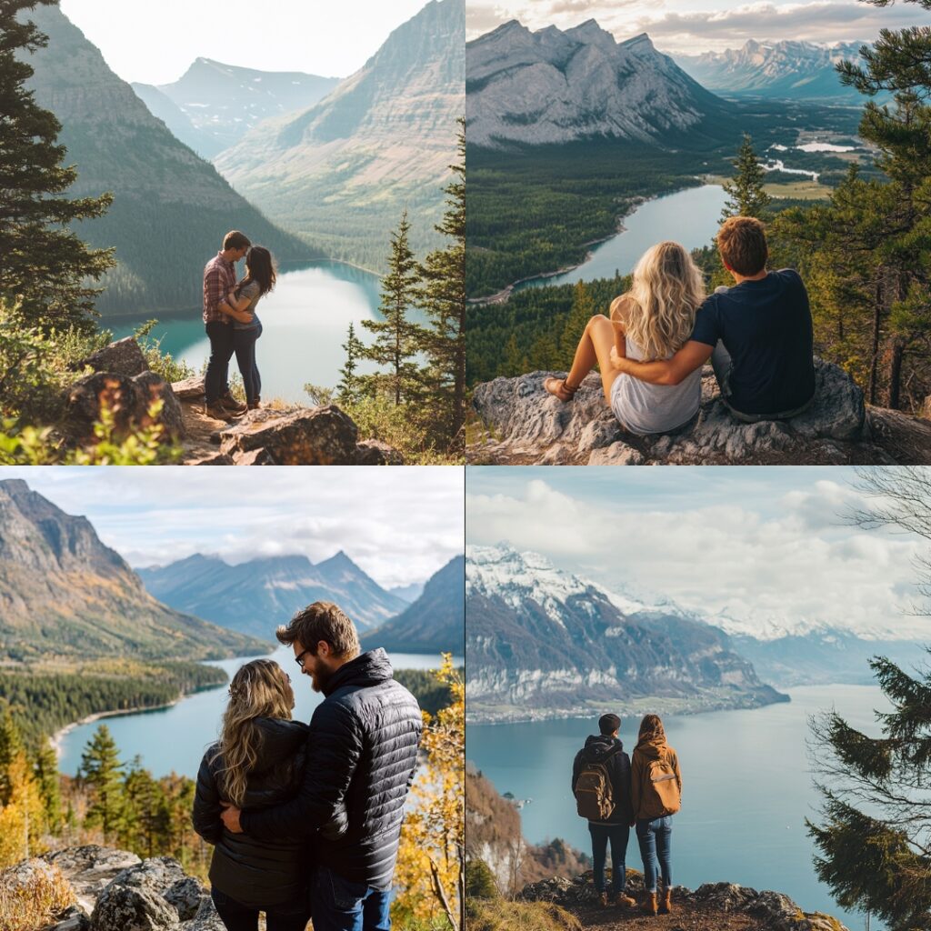 A couple at a scenic overlook by the lake after a hike, with stunning panoramic views, preparing for an adventurous proposal moment.
