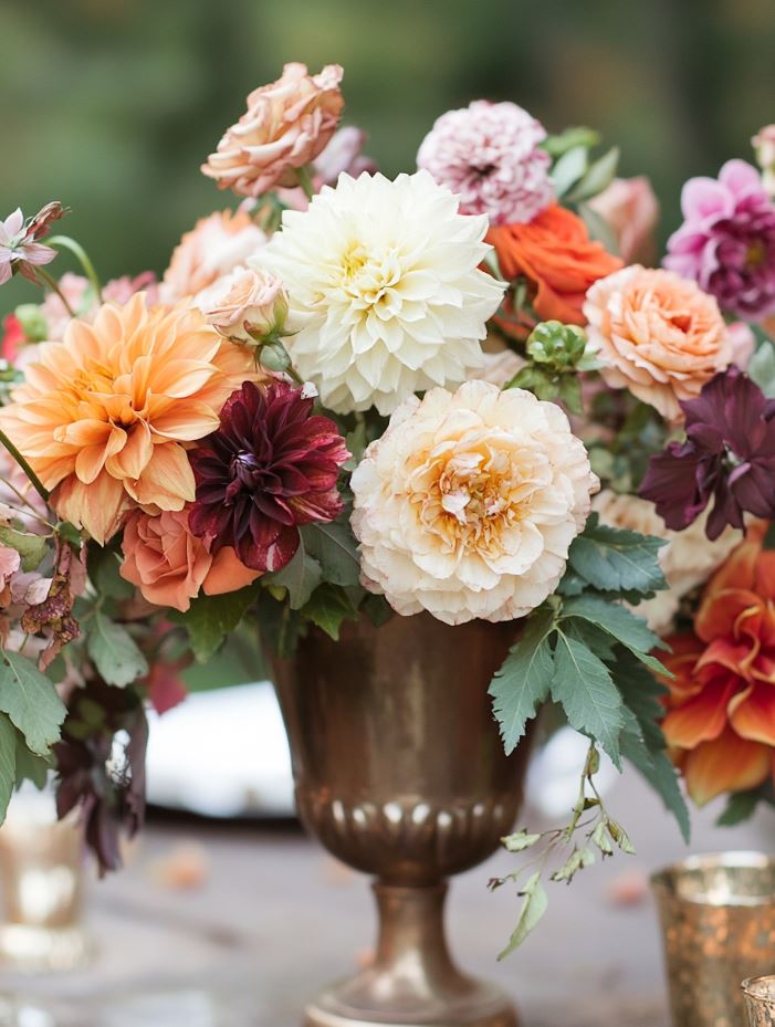 Floral centerpieces featuring dahlias, chrysanthemums, and roses in warm autumn tones, arranged in vintage vases, enhancing the rustic charm of an October wedding.