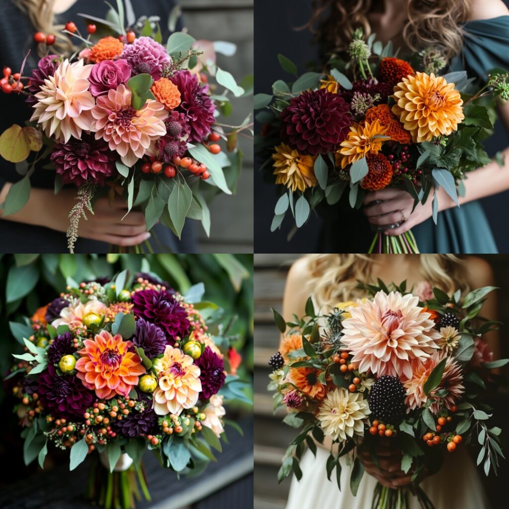 Stunning wedding bouquets featuring seasonal florals like dahlias and hypericum berries, arranged with greenery for a modern twist reflecting October's beauty.