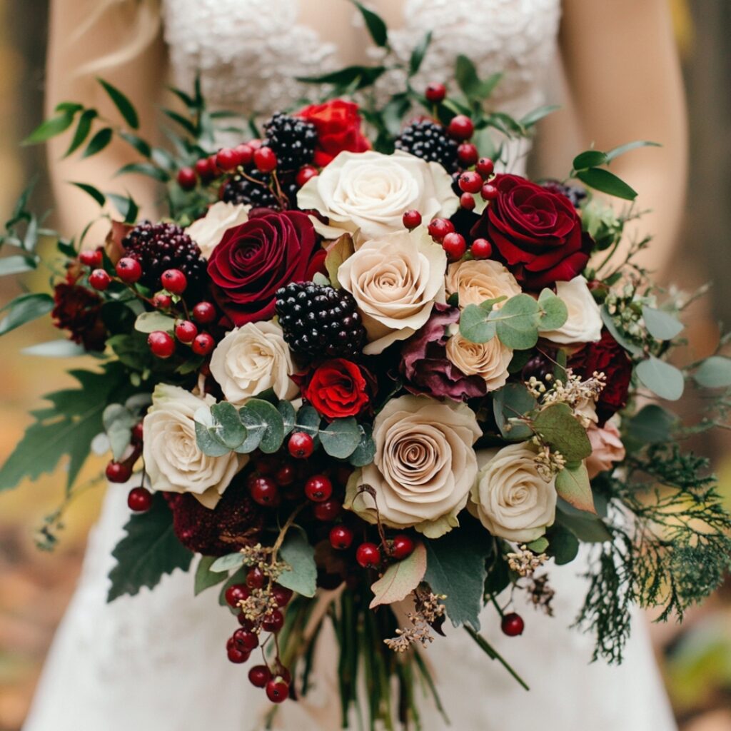 An elegant seasonal rose and berry bouquet featuring deep red and blush roses, lush greenery, and vibrant berries, adding romance to a Thanksgiving wedding.