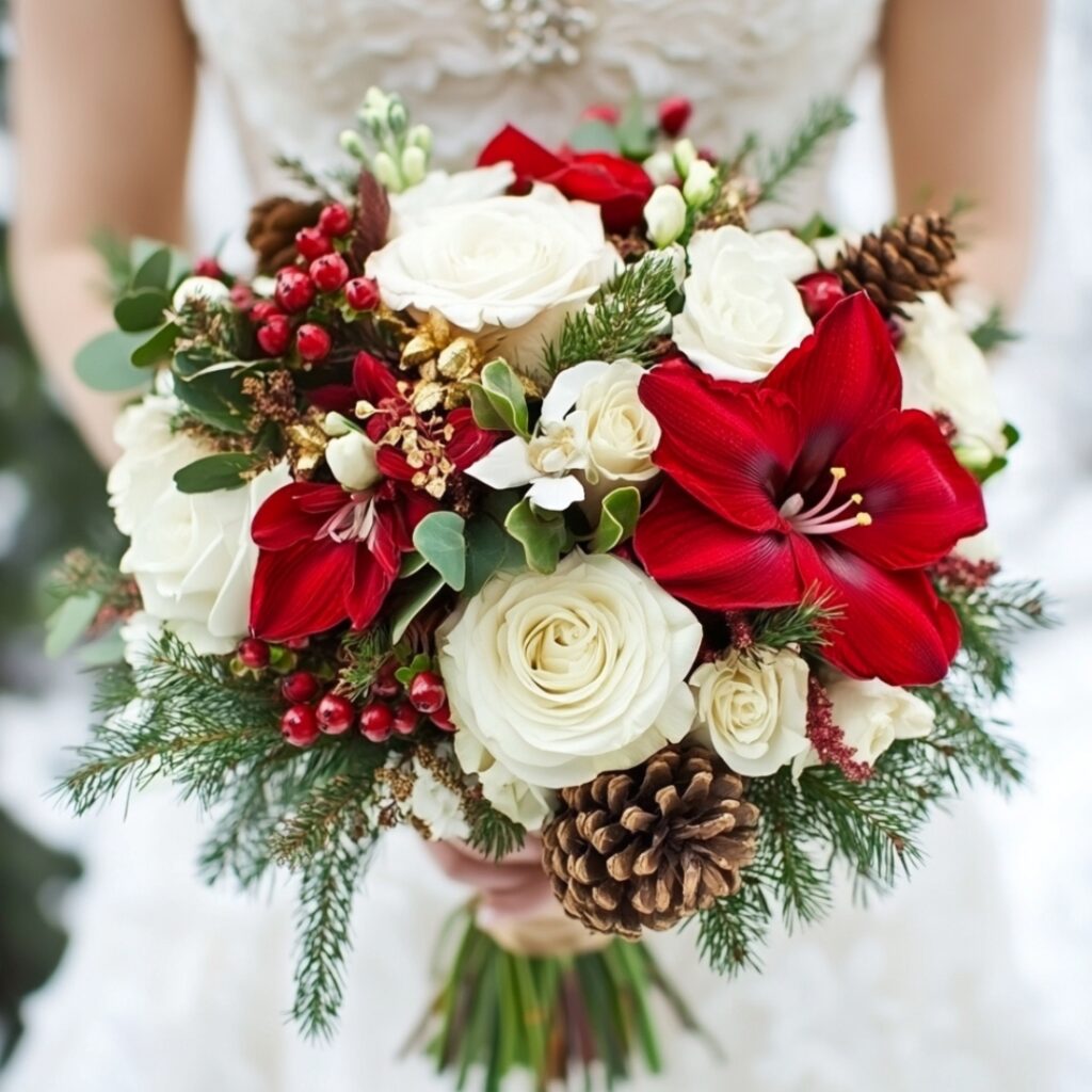 Beautiful winter wedding bouquet combining red amaryllis, white roses, evergreens, holly, and pinecones with rustic and gold accents.