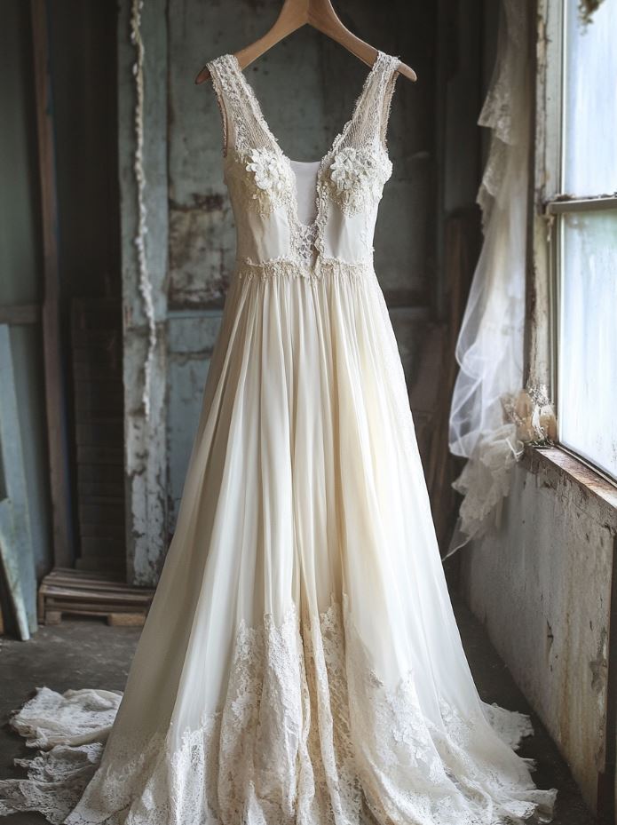 Charming shabby chic vintage wedding dress featuring lace and chiffon fabrics, with rustic touches such as burlap and floral details, perfect for outdoor or barn weddings.