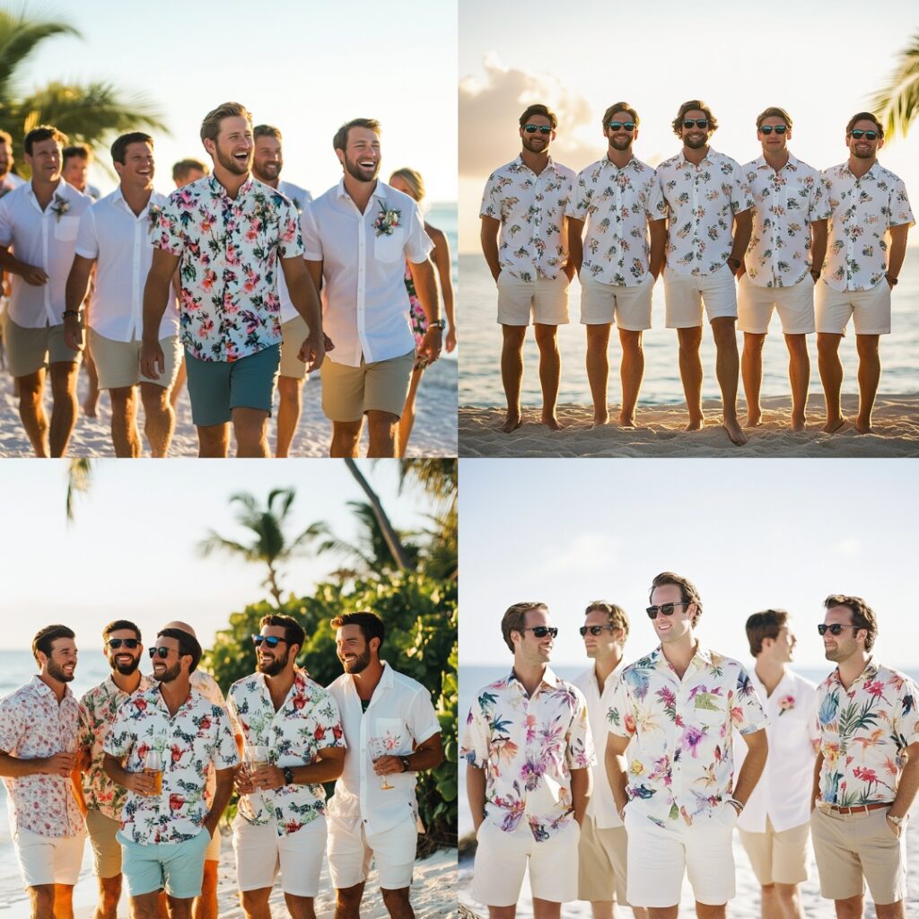 Groomsmen dressed in short-sleeve button-down shirts with fun prints, paired with tailored shorts, creating a casual yet chic beach wedding ensemble.
