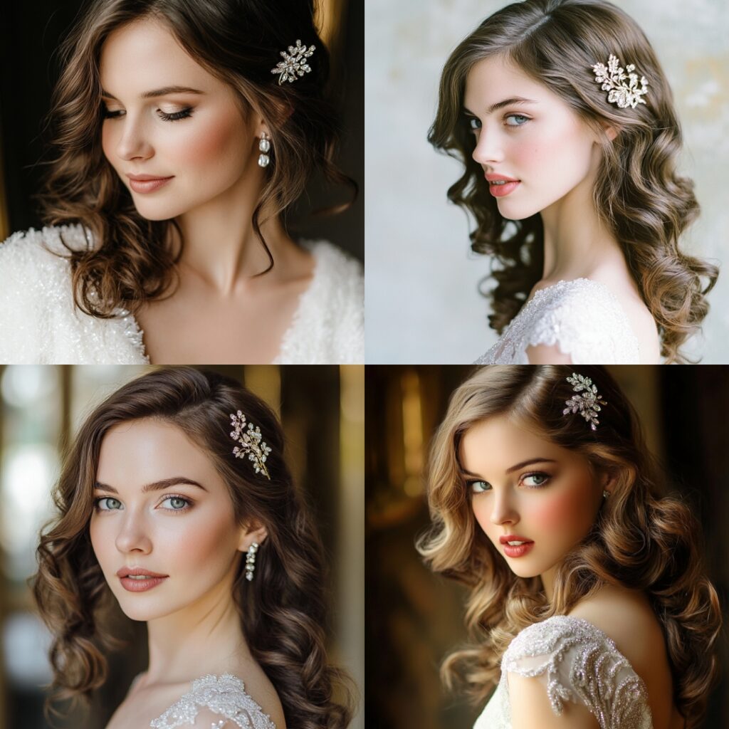 Bride with side-swept curls and a glittering hairpin, framing her face with soft, romantic waves and a touch of New Year's sparkle.