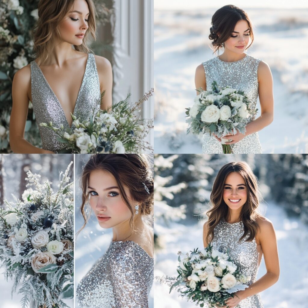 Sparkling silver sequin bridesmaid dress with a simple sheath silhouette, reflecting winter’s frosty beauty, ideal for a winter wonderland wedding.