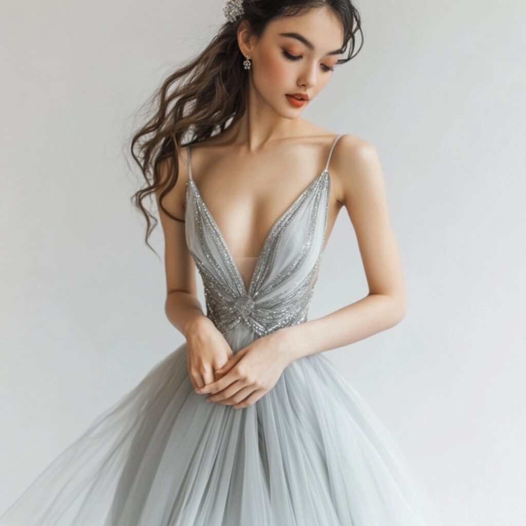 Silver tulle bridesmaid dress with an ethereal, flowing design, perfect for a winter wonderland-themed Christmas wedding with sparkly accessories.